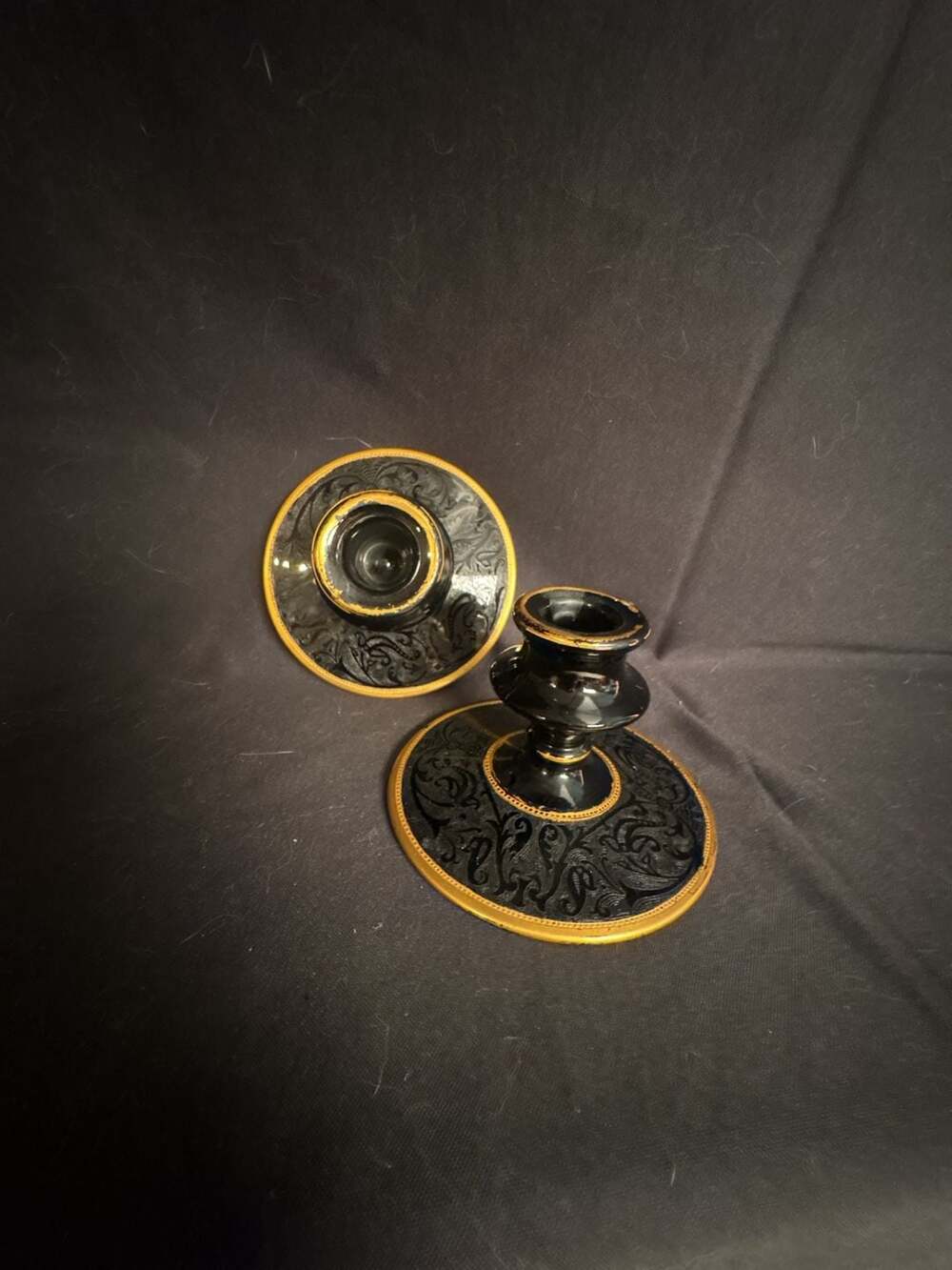 Vintage Fostoria Ebony Black Glass Candlestick Holders with Gold Details